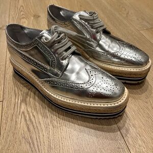 Prada SS 2011 Women’s Silver Brogue Derby Espadrille Creeper Platform